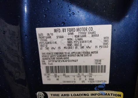 2010 Ford F150 Supercrew z USA, uszkodzony, nr VIN 1FTFW1EV4AFD37627